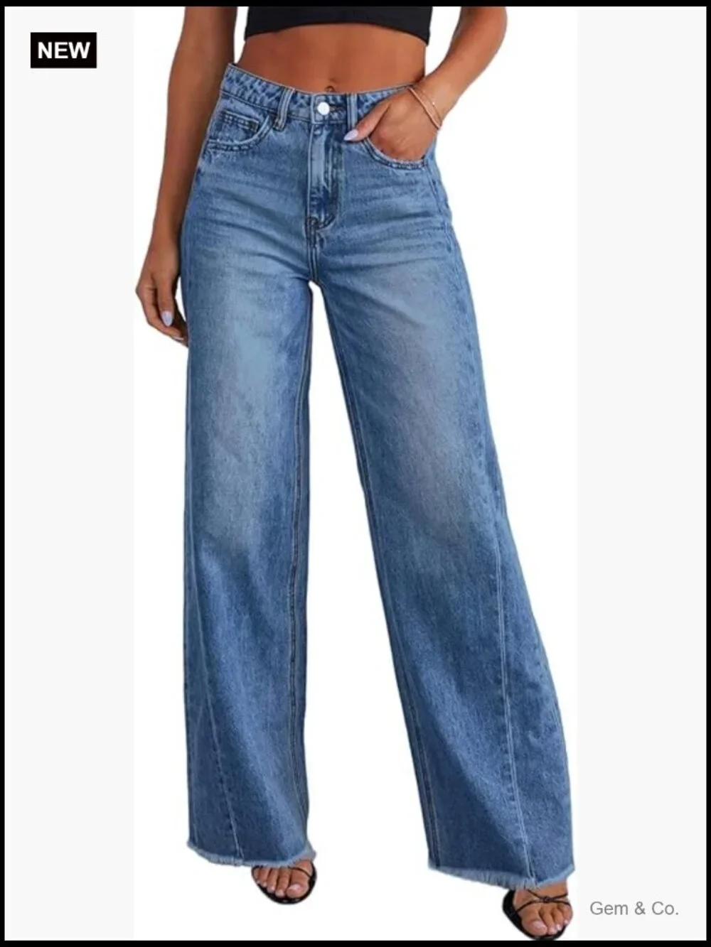 High Waisted Wide Leg Jeans with Raw Hem Stretchy Denim Pants - Picture 1 of 7